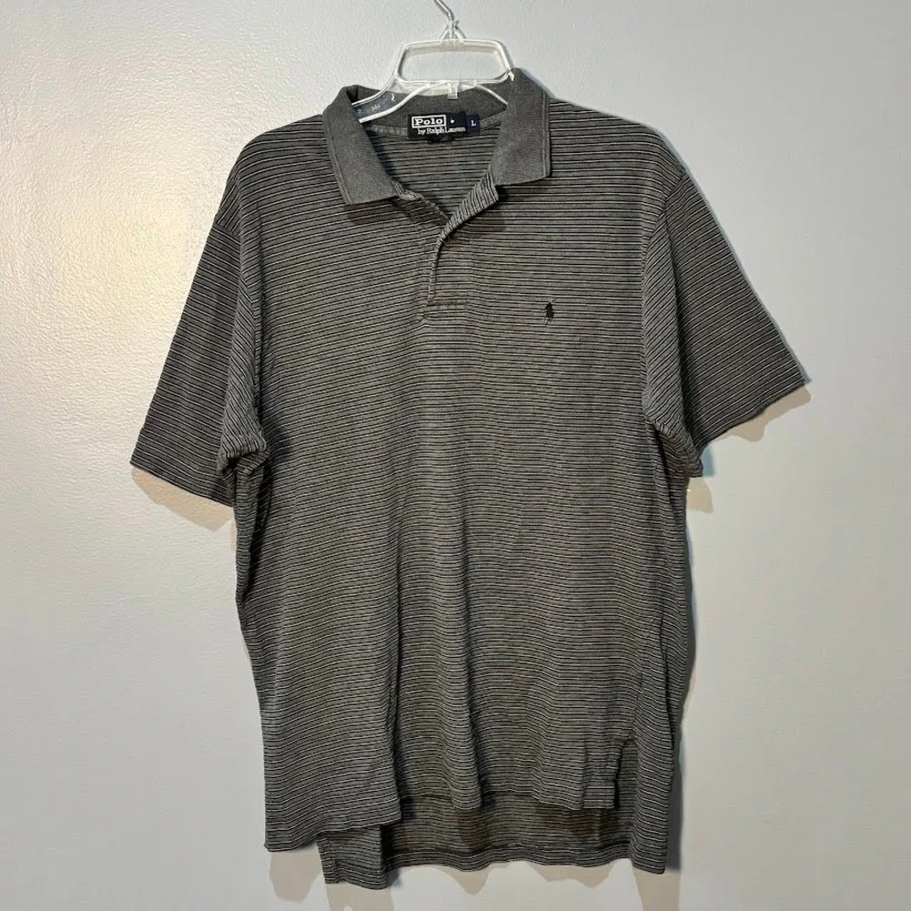 Polo Ralph Lauren Polo Shirt Mens L Grey‎ Cotton Striped Classic Pony Logo Top